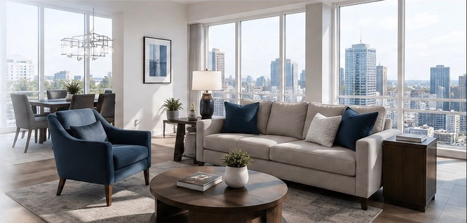 Furnished corporate apartment living room with city views
